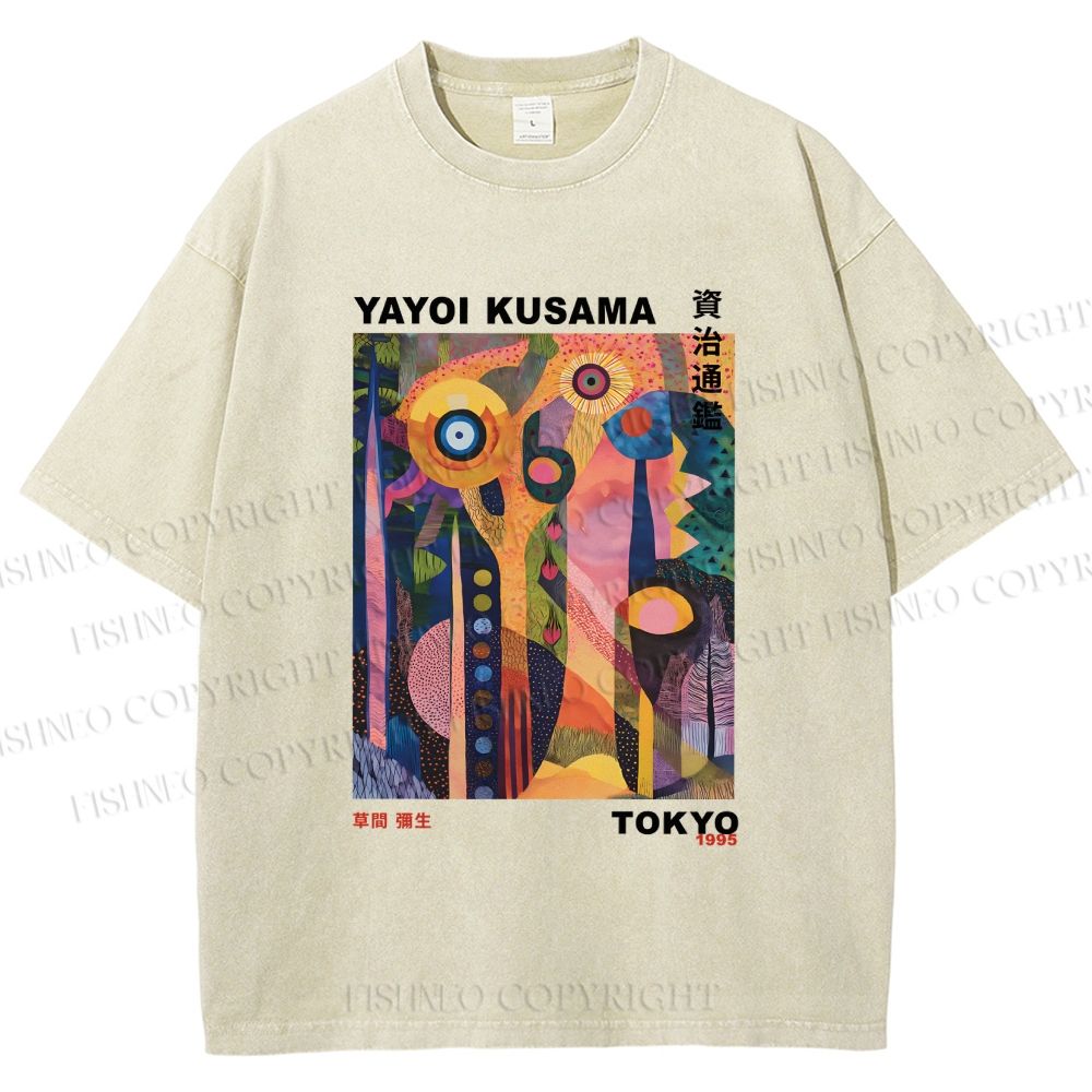 Unisex Yayoi Kusama Abstract Plants Printed Washed Tee
