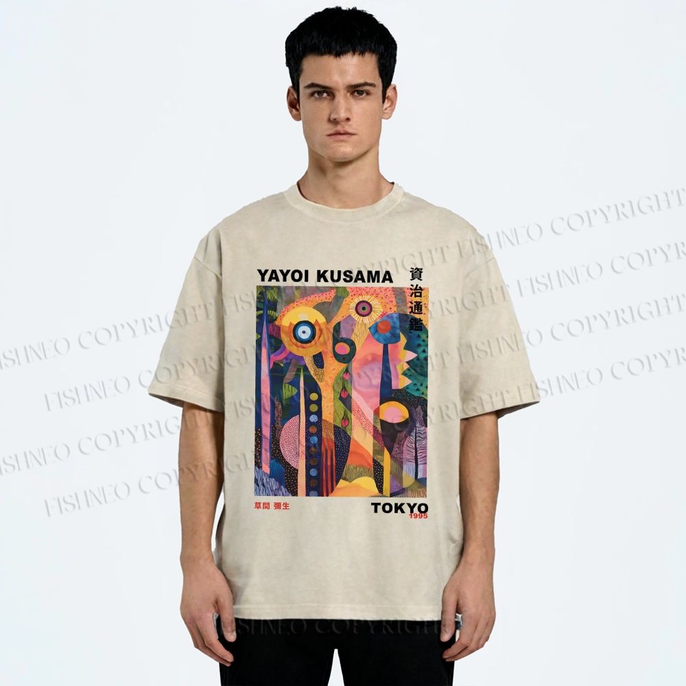 Unisex Yayoi Kusama Abstract Plants Printed Washed Tee