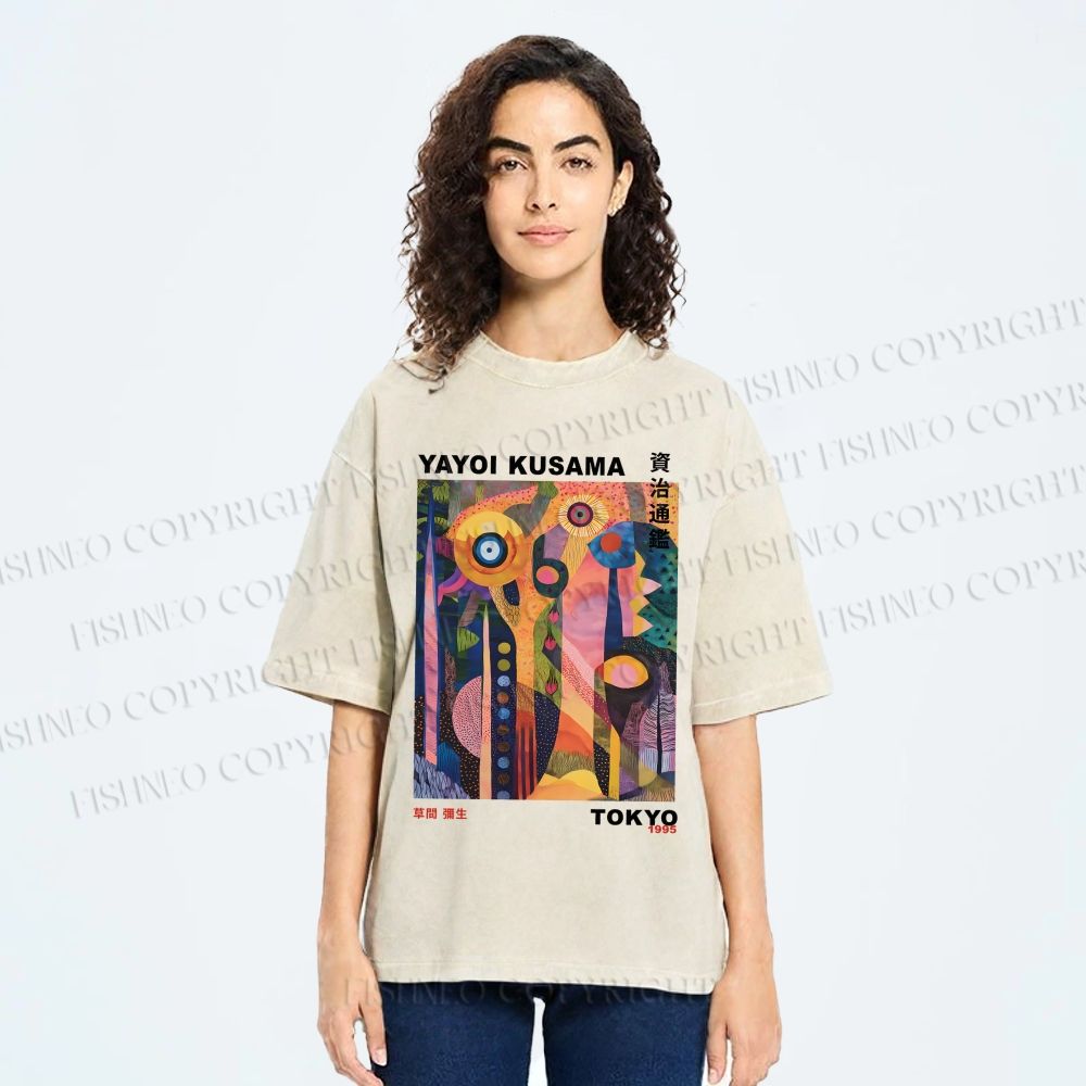 Unisex Yayoi Kusama Abstract Plants Printed Washed Tee
