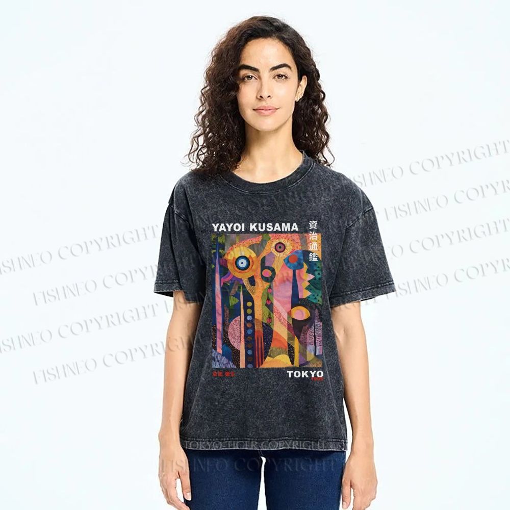 Unisex Yayoi Kusama Abstract Plants Printed Washed Tee