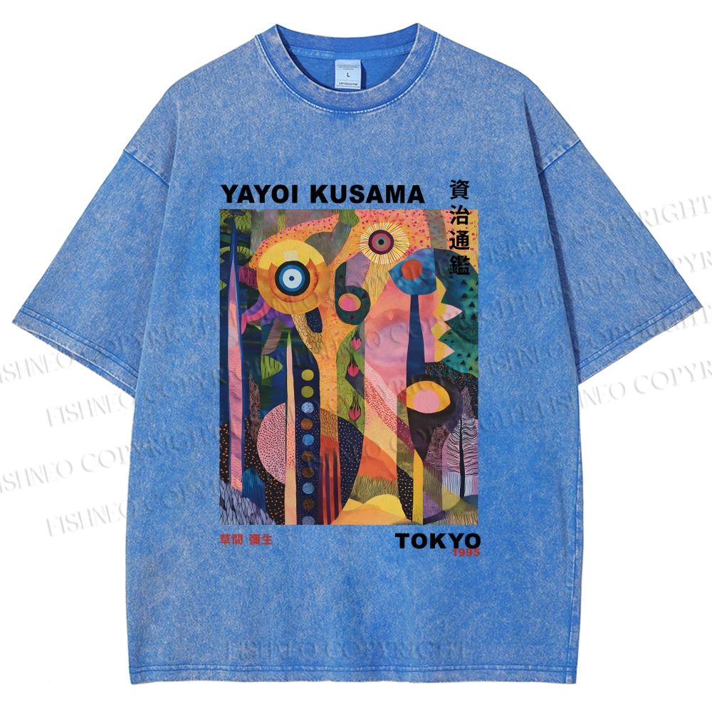 Unisex Yayoi Kusama Abstract Plants Printed Washed Tee