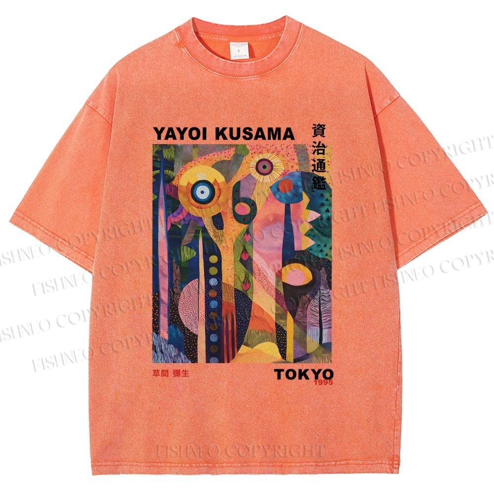 Unisex Yayoi Kusama Abstract Plants Printed Washed Tee