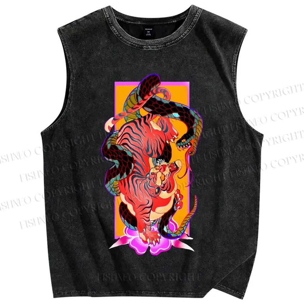 Unisex Tiger Fighting Snake Printed Washed Tank Top
