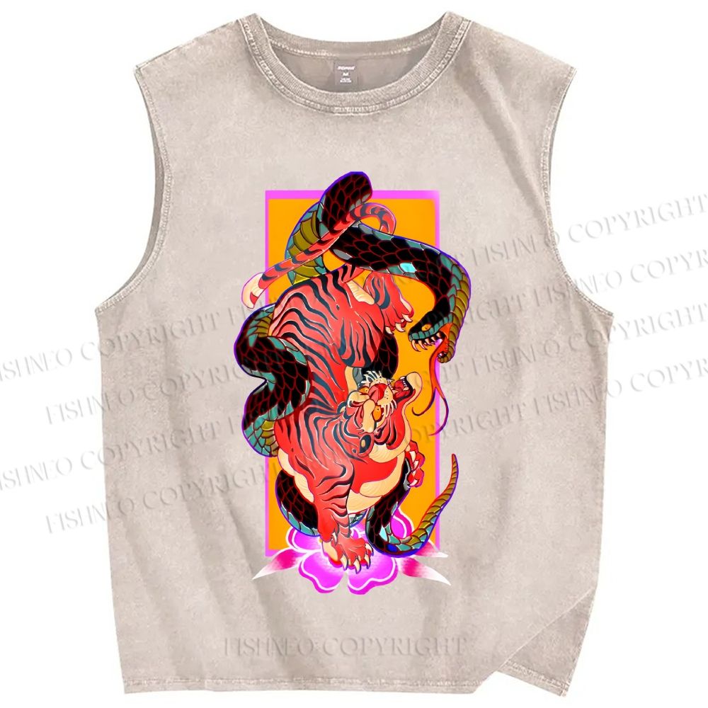 Unisex Tiger Fighting Snake Printed Washed Tank Top