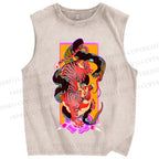 Unisex Tiger Fighting Snake Printed Washed Tank Top