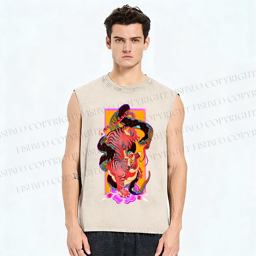 Unisex Tiger Fighting Snake Printed Washed Tank Top