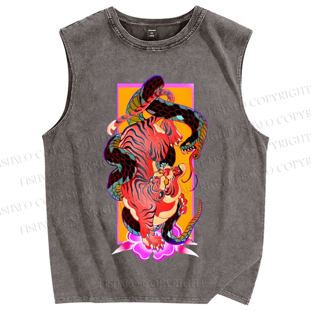 Unisex Tiger Fighting Snake Printed Washed Tank Top