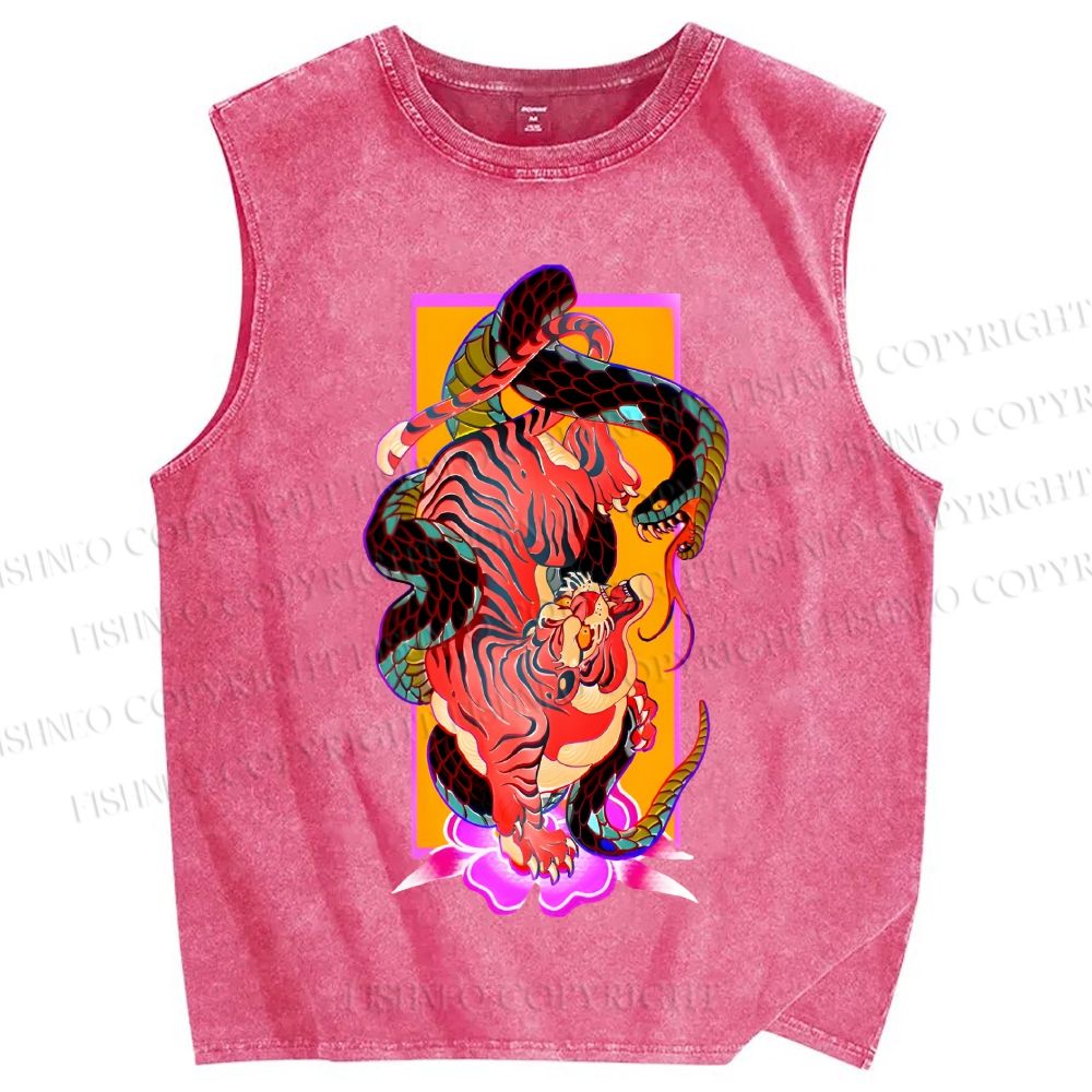 Unisex Tiger Fighting Snake Printed Washed Tank Top