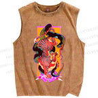 Unisex Tiger Fighting Snake Printed Washed Tank Top