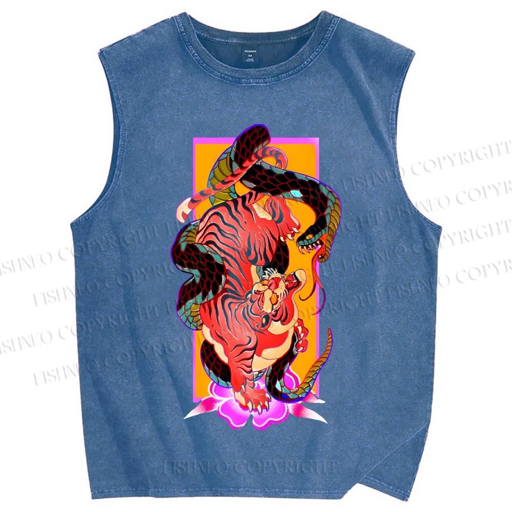 Unisex Tiger Fighting Snake Printed Washed Tank Top