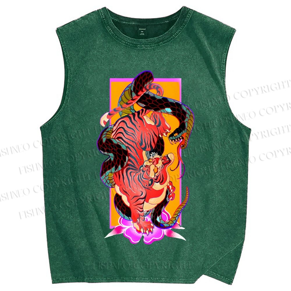 Unisex Tiger Fighting Snake Printed Washed Tank Top