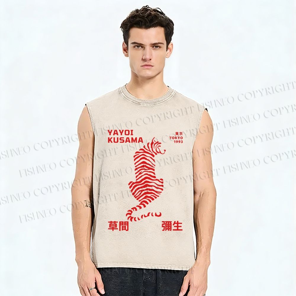 Unisex Yayoi Kusama Red Tiger Printed Washed Tank Top