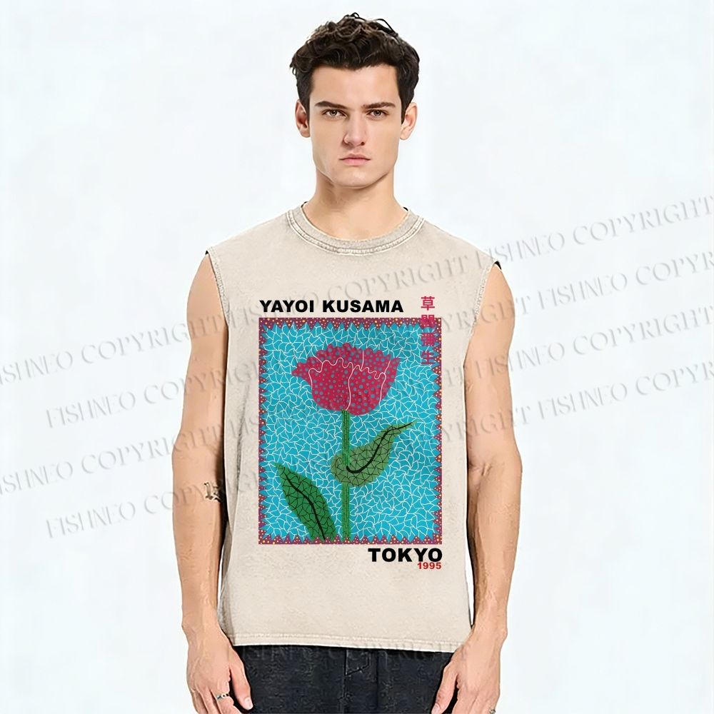 Unisex Yayoi Kusama Flower Printed Washed Tank Top