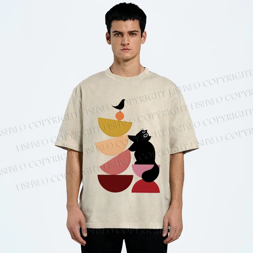 Unisex Bauhaus Cat Playing Building Blocks Printed Washed Tee