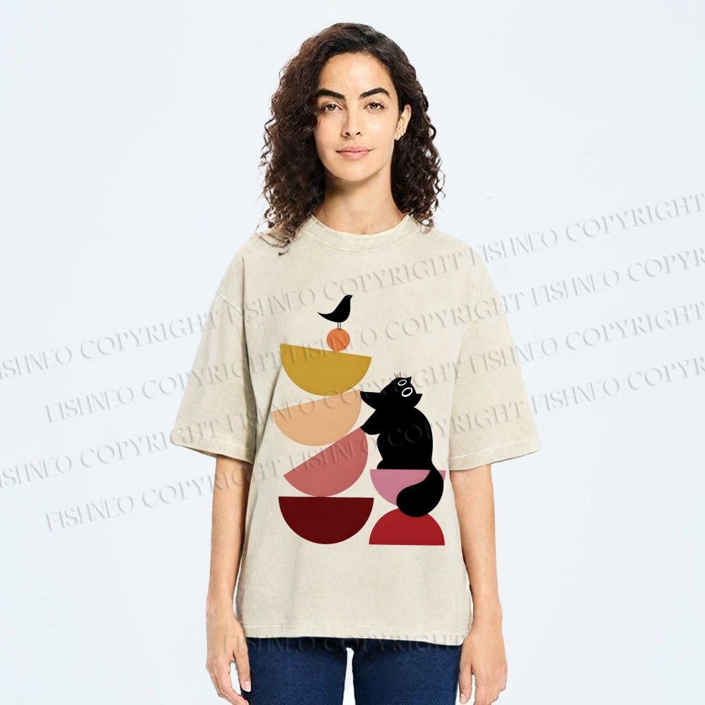 Unisex Bauhaus Cat Playing Building Blocks Printed Washed Tee
