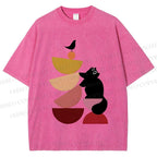 Unisex Bauhaus Cat Playing Building Blocks Printed Washed Tee