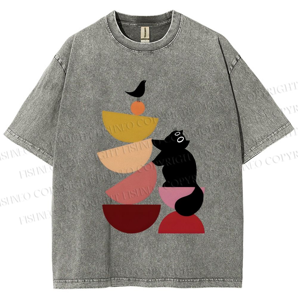 Unisex Bauhaus Cat Playing Building Blocks Printed Washed Tee