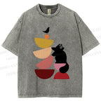 Unisex Bauhaus Cat Playing Building Blocks Printed Washed Tee