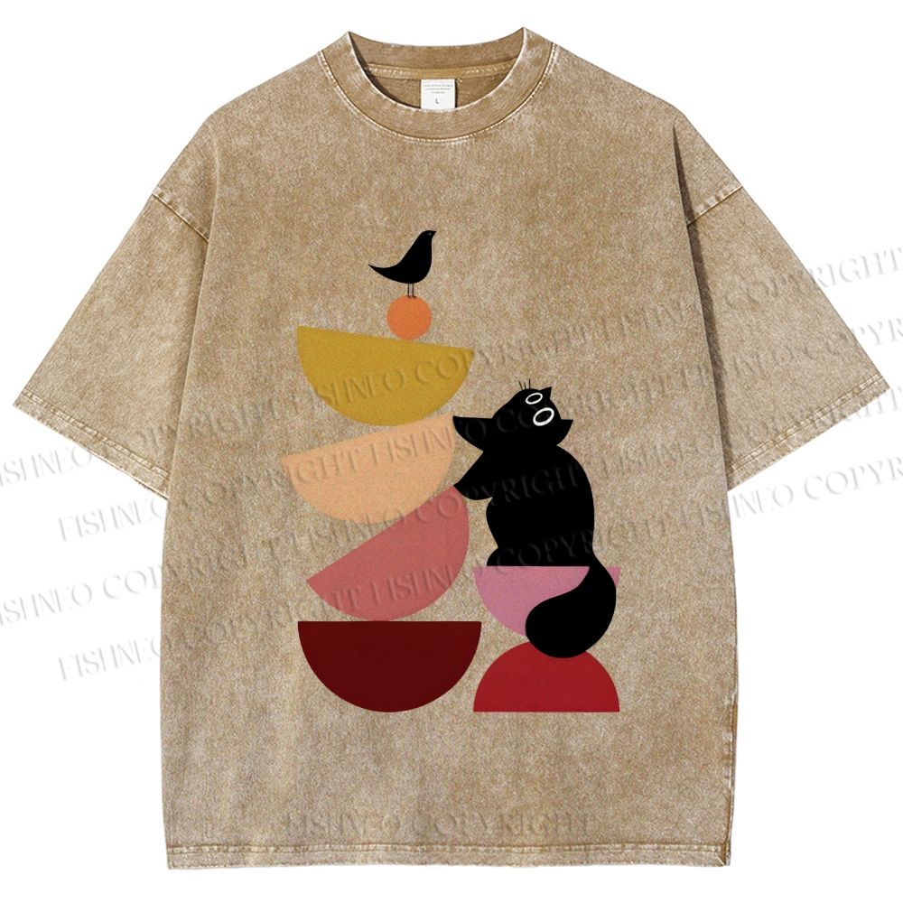 Unisex Bauhaus Cat Playing Building Blocks Printed Washed Tee