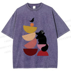 Unisex Bauhaus Cat Playing Building Blocks Printed Washed Tee