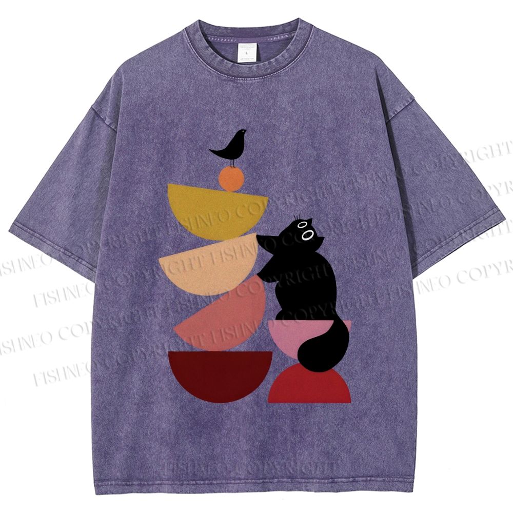 Unisex Bauhaus Cat Playing Building Blocks Printed Washed Tee