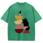 Unisex Bauhaus Cat Playing Building Blocks Printed Washed Tee