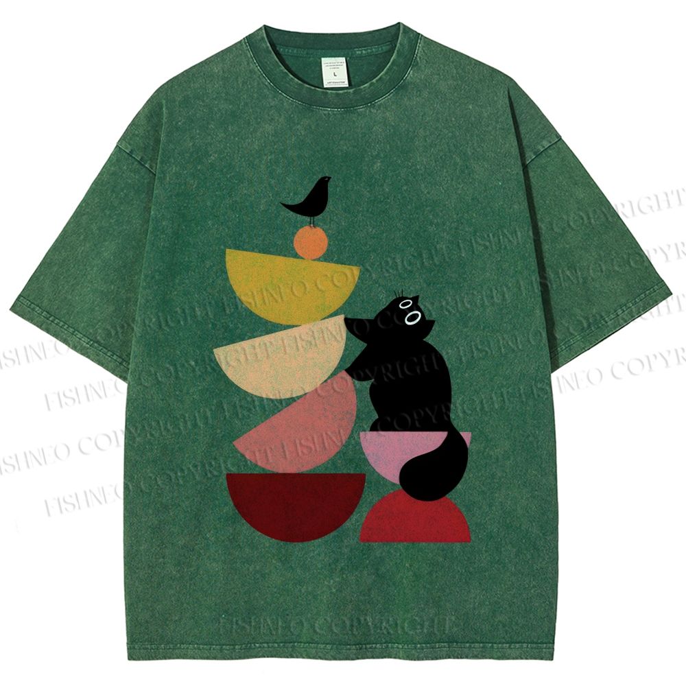 Unisex Bauhaus Cat Playing Building Blocks Printed Washed Tee