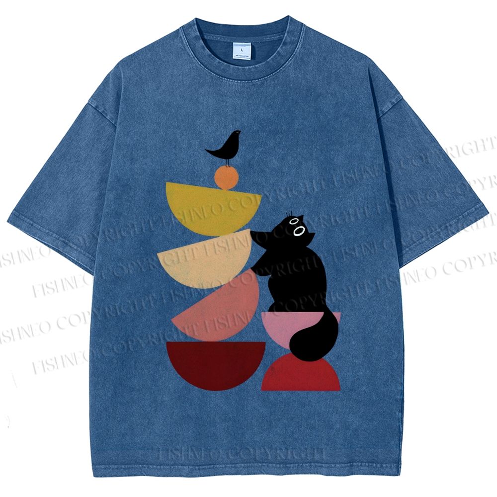 Unisex Bauhaus Cat Playing Building Blocks Printed Washed Tee