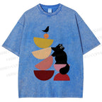 Unisex Bauhaus Cat Playing Building Blocks Printed Washed Tee