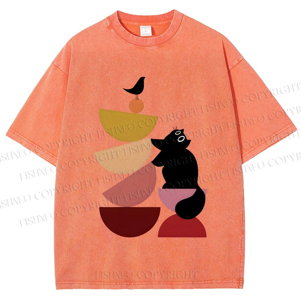 Unisex Bauhaus Cat Playing Building Blocks Printed Washed Tee