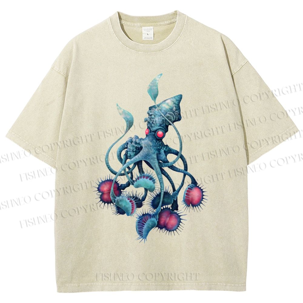 Unisex Cthulhu style Octopus Printed Washed Tee