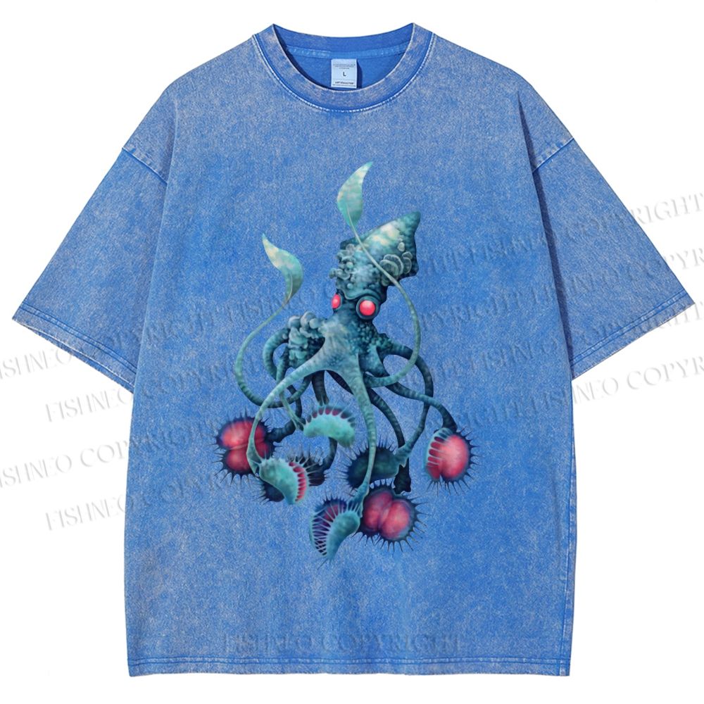 Unisex Cthulhu style Octopus Printed Washed Tee