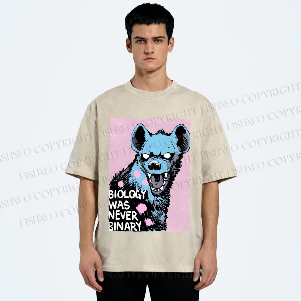 Unisex Pride Hyena Biology was Never Binary Printed Washed Tee