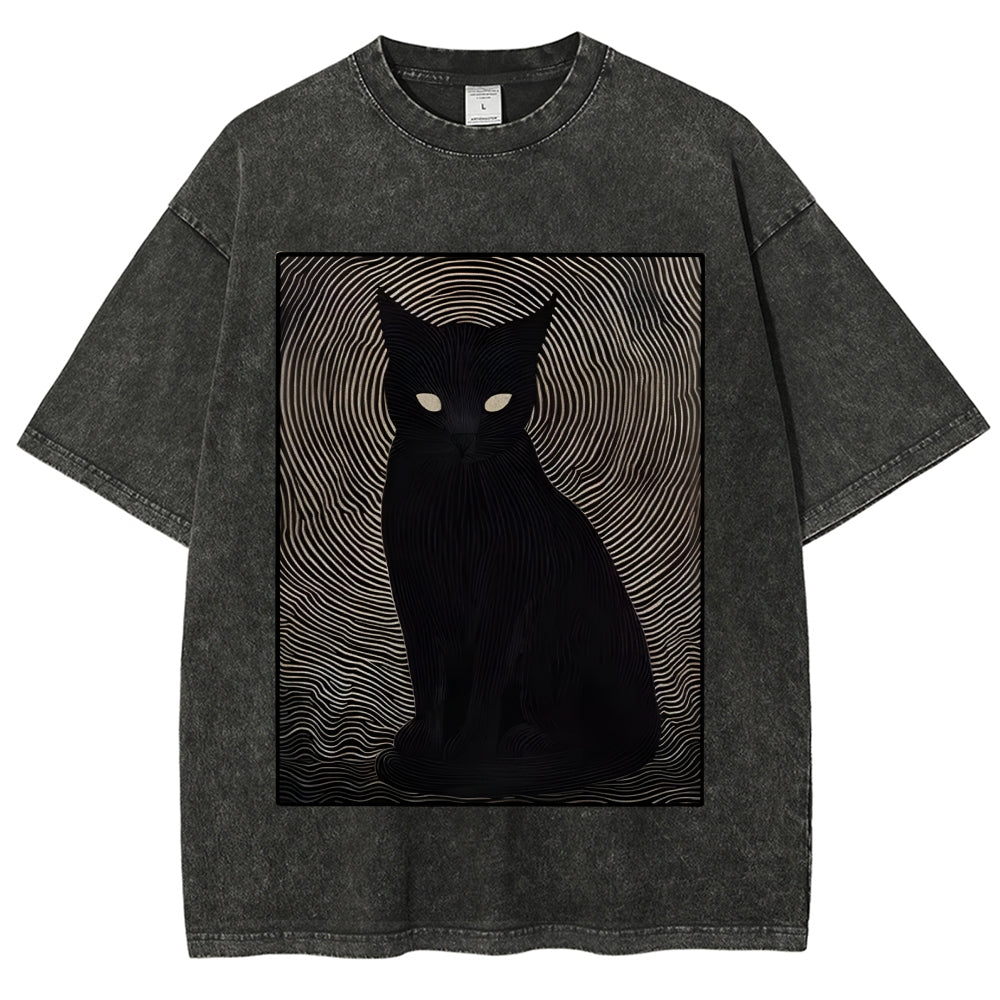 Scary Black Cat Washed T-Shirt