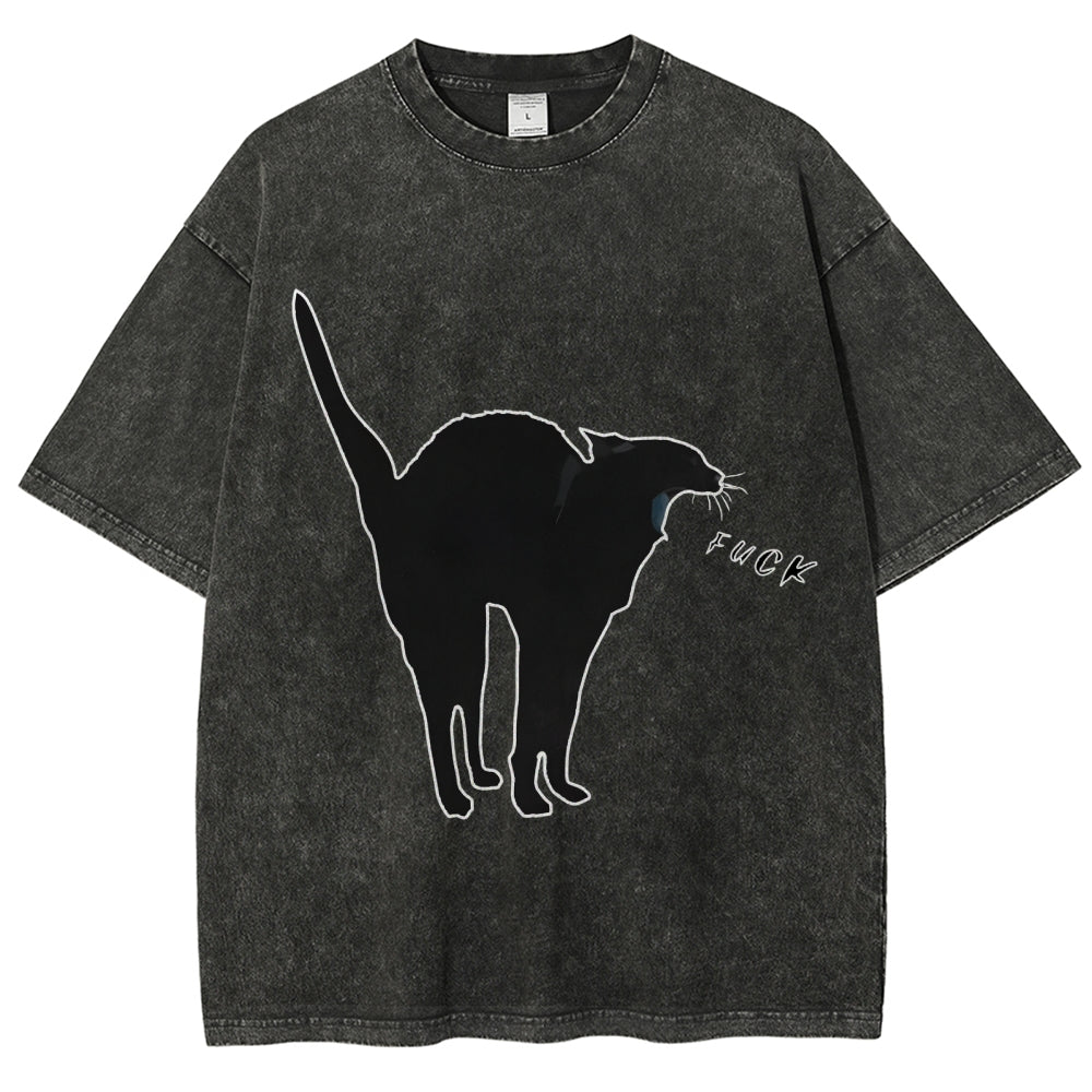 Unisex A Cat Yelling Fuck Print Washed T-Shirt