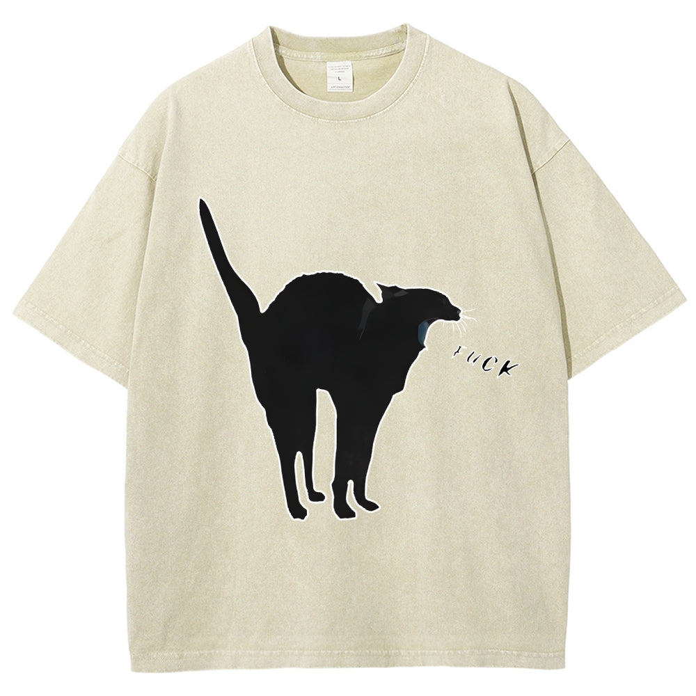 Unisex A Cat Yelling Fuck Print Washed T-Shirt
