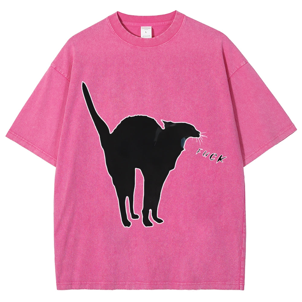 Unisex A Cat Yelling Fuck Print Washed T-Shirt