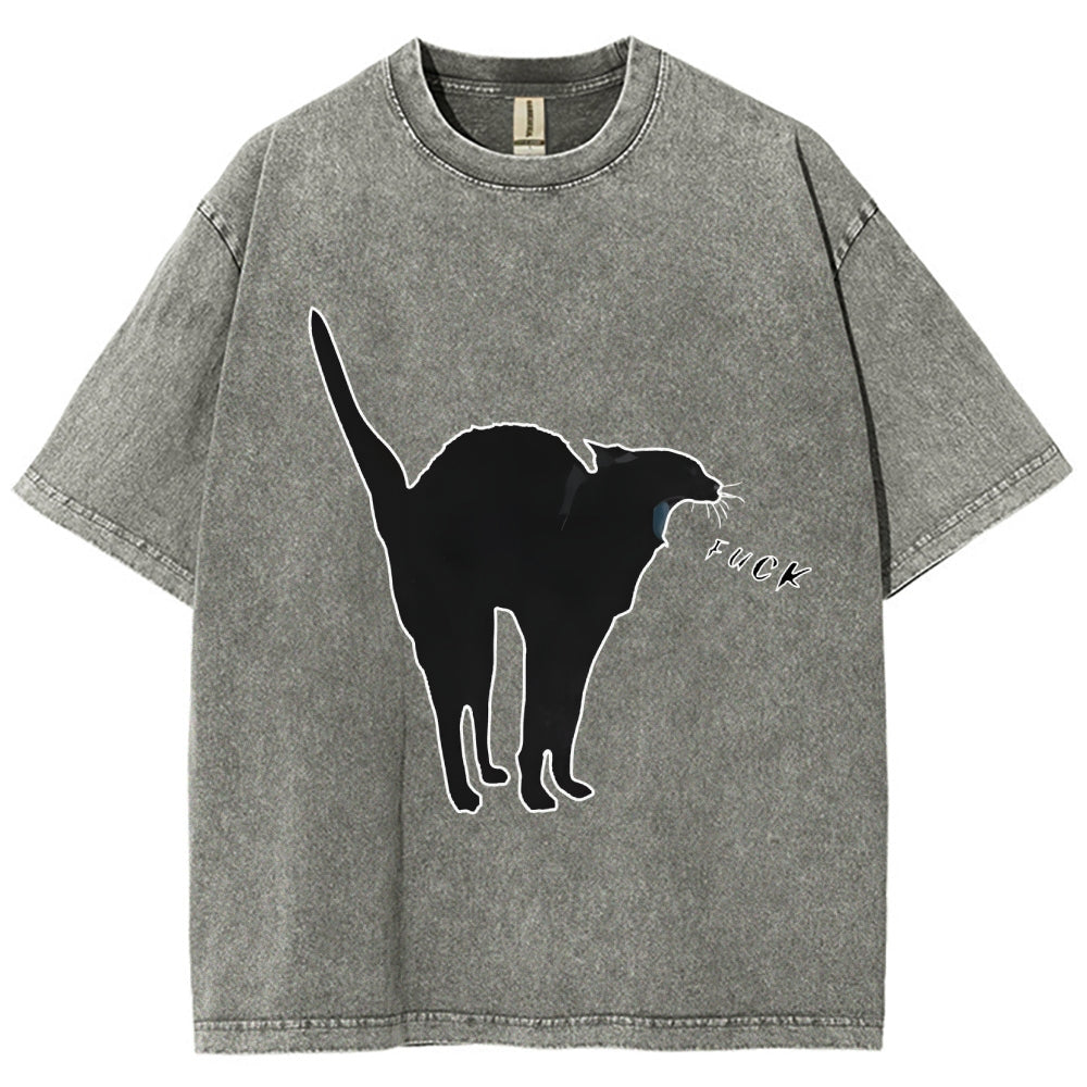 Unisex A Cat Yelling Fuck Print Washed T-Shirt