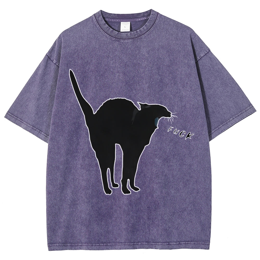 Unisex A Cat Yelling Fuck Print Washed T-Shirt