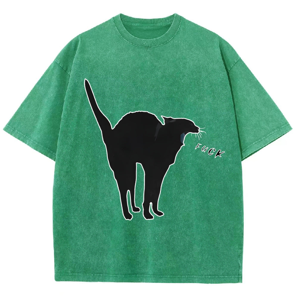 Unisex A Cat Yelling Fuck Print Washed T-Shirt