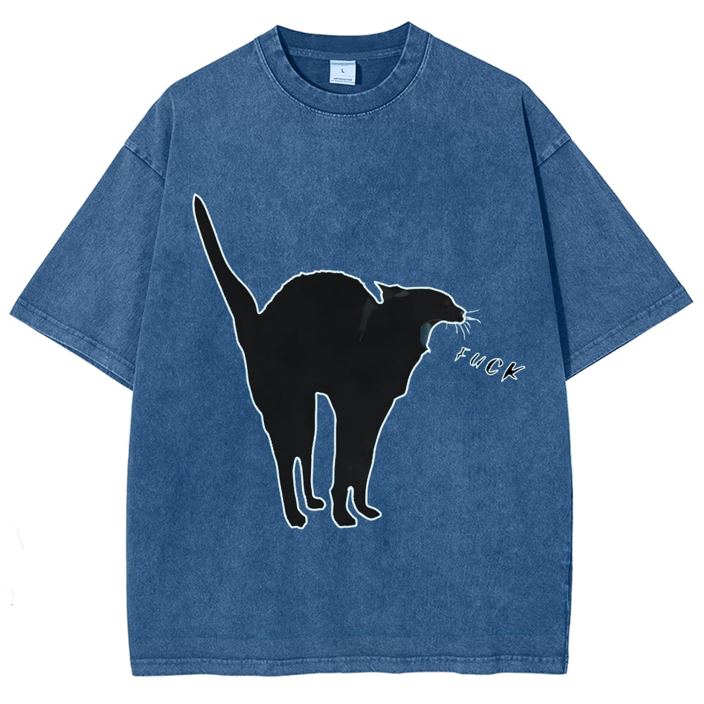 Unisex A Cat Yelling Fuck Print Washed T-Shirt