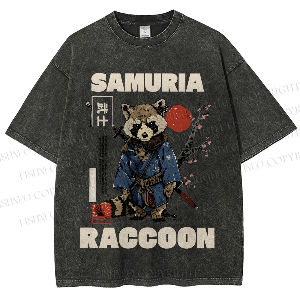 Unisex Raccoon Samurai Printed Washed Tee