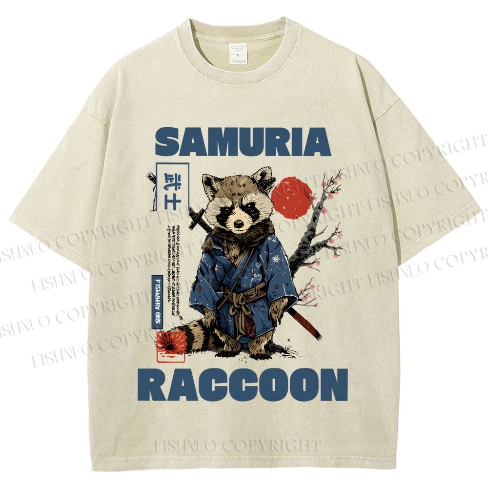 Unisex Raccoon Samurai Printed Washed Tee