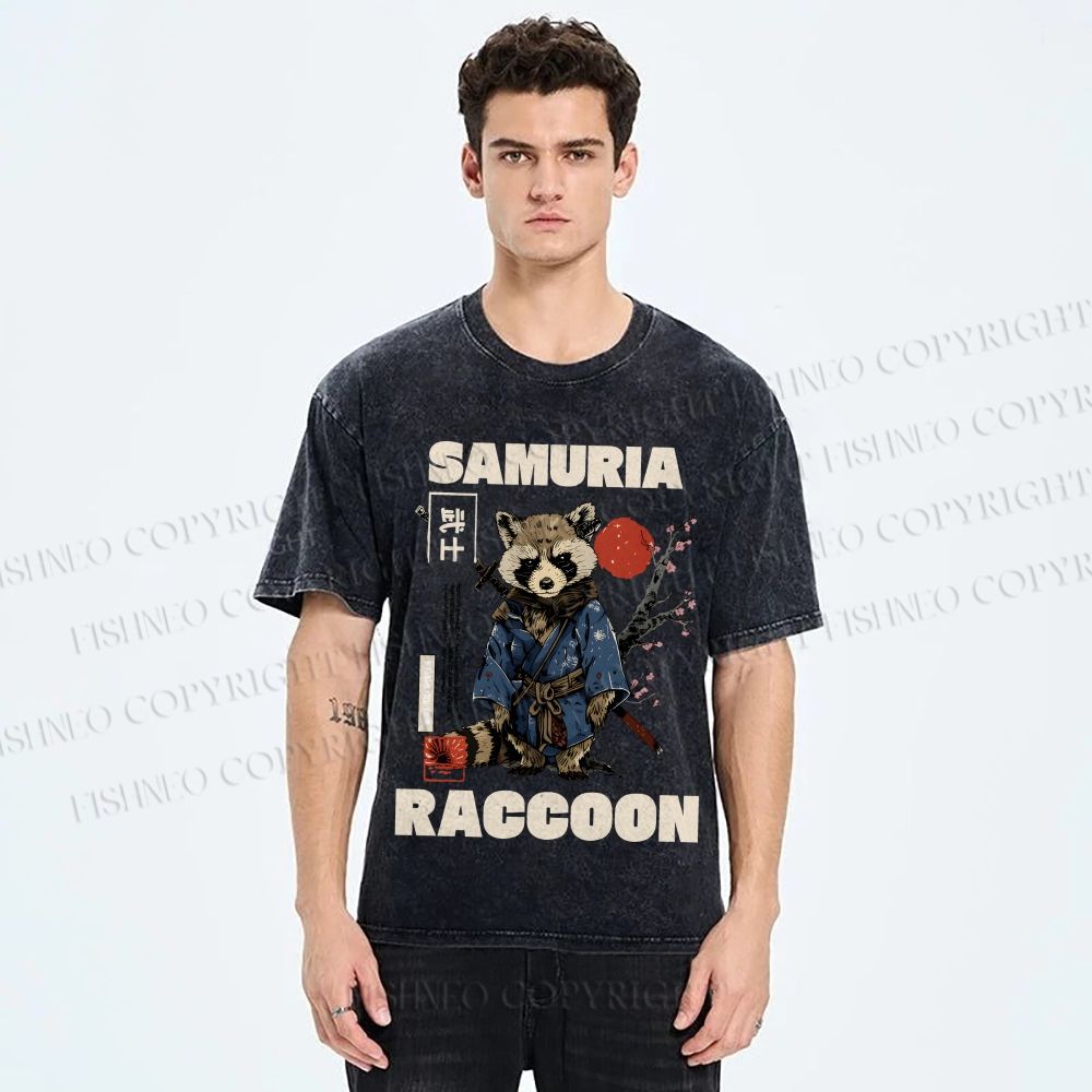 Unisex Raccoon Samurai Printed Washed Tee