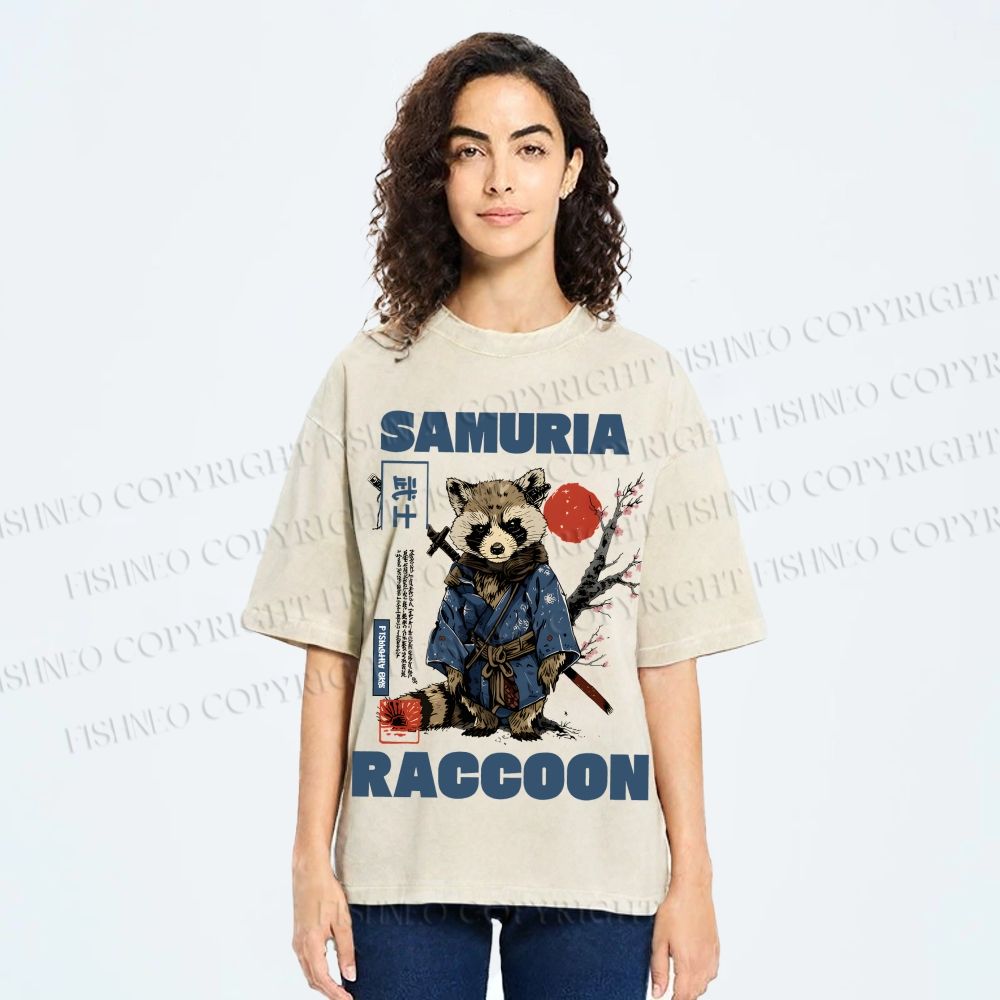 Unisex Raccoon Samurai Printed Washed Tee