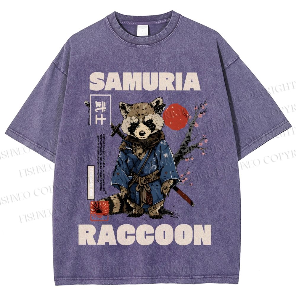Unisex Raccoon Samurai Printed Washed Tee