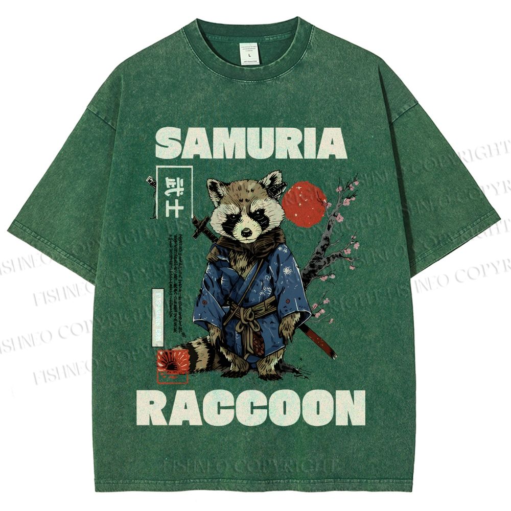 Unisex Raccoon Samurai Printed Washed Tee