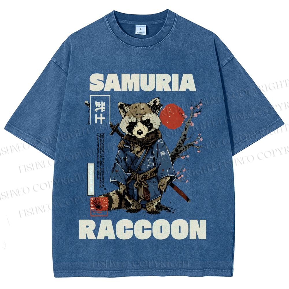 Unisex Raccoon Samurai Printed Washed Tee
