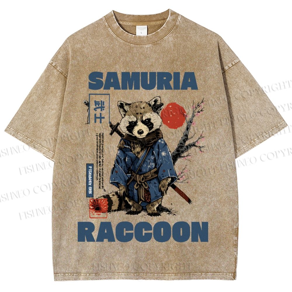 Unisex Raccoon Samurai Printed Washed Tee