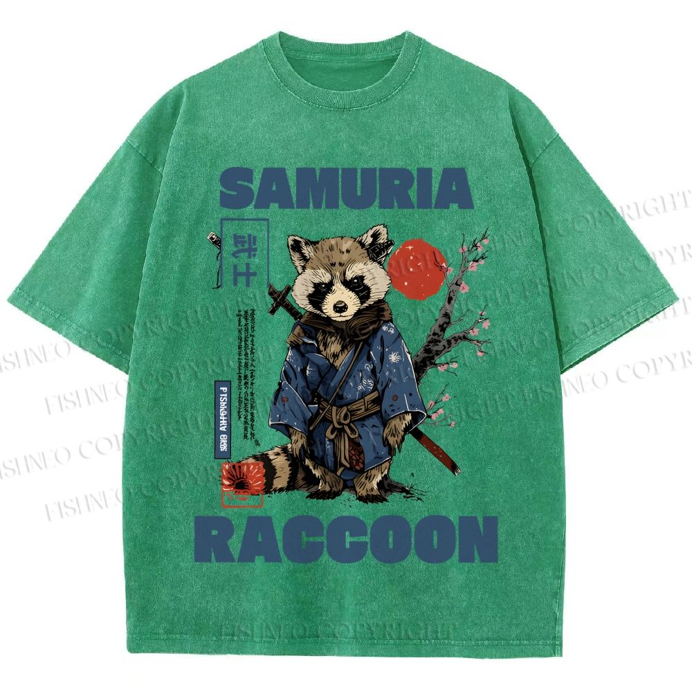 Unisex Raccoon Samurai Printed Washed Tee
